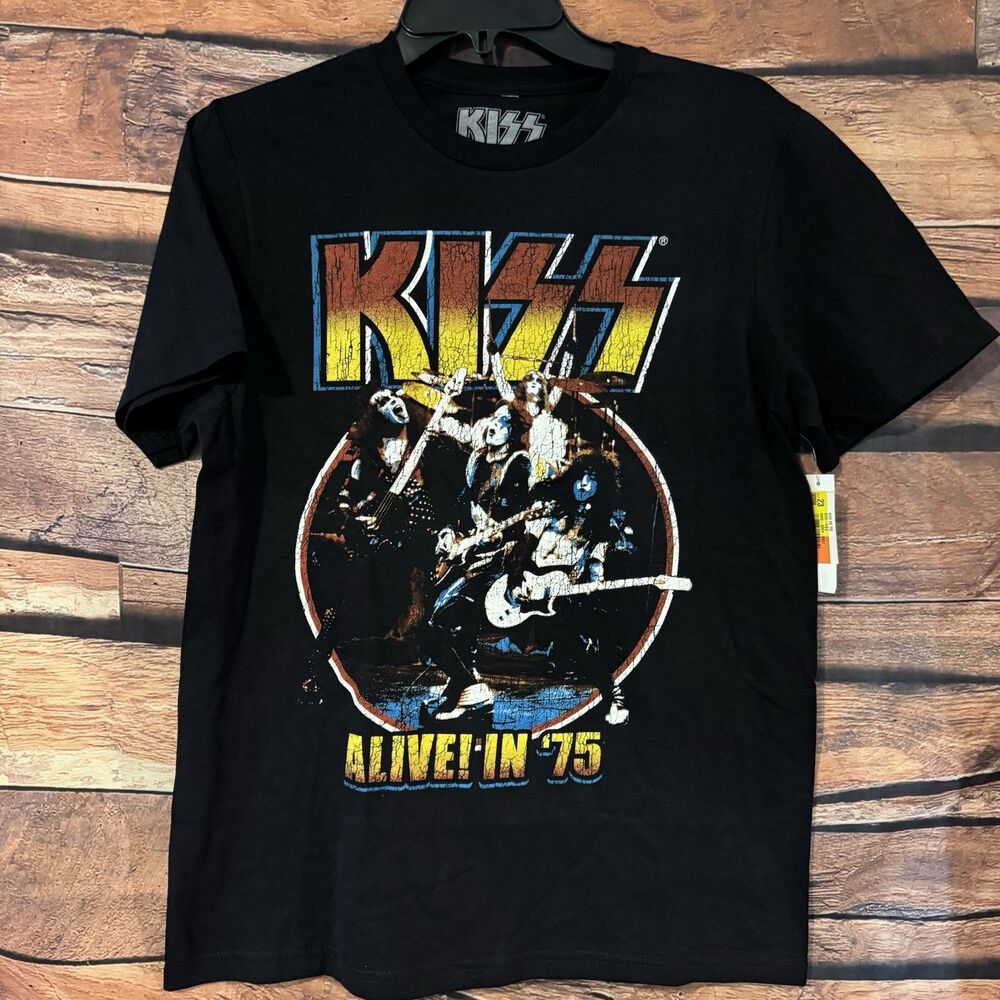 KISS Alive in 75 Shirt Mens Small S Black Rock Band Distressed Graphic Tee NWT